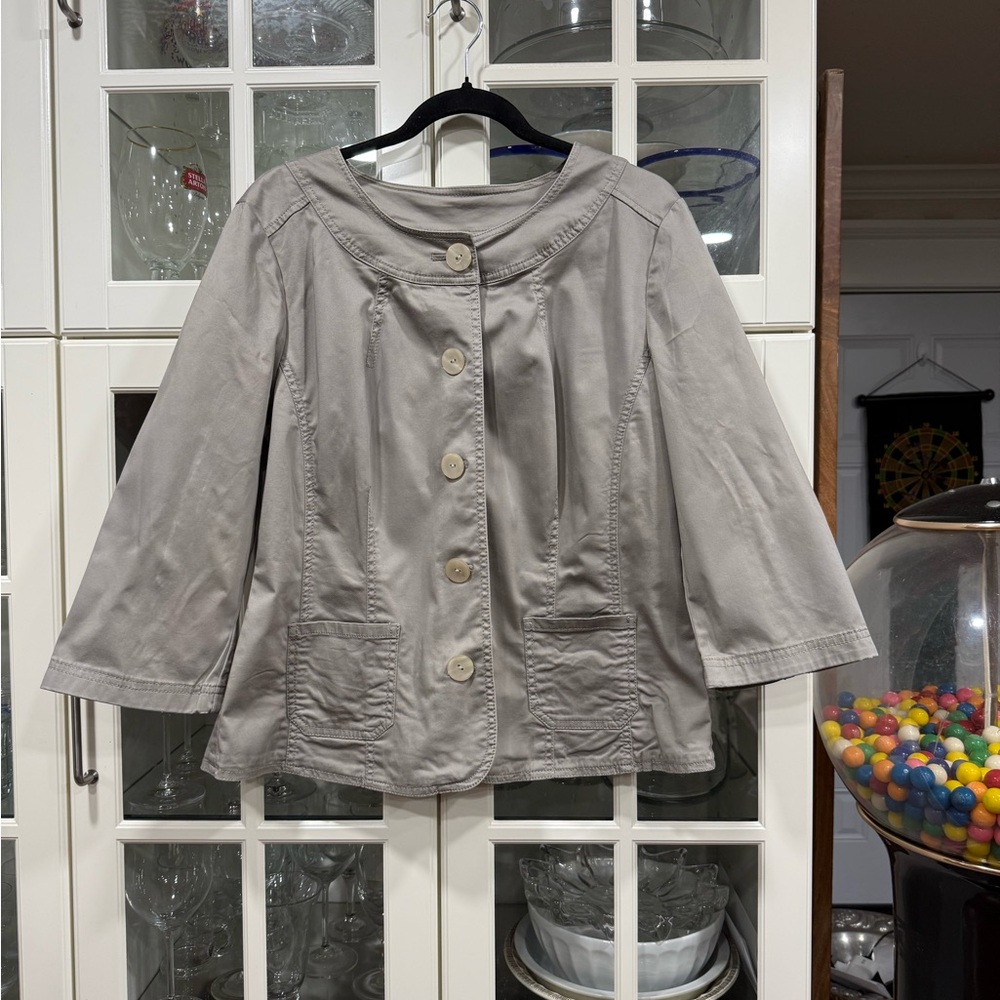 J. Jill Khaki Button-Front Cotton Short Trench Jacket